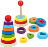 Wooden Rainbow Rings Tower - Geometric Shape Recognition, Sorting, Stacking and Plugging